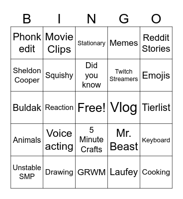 YT Shorts Bingo Card