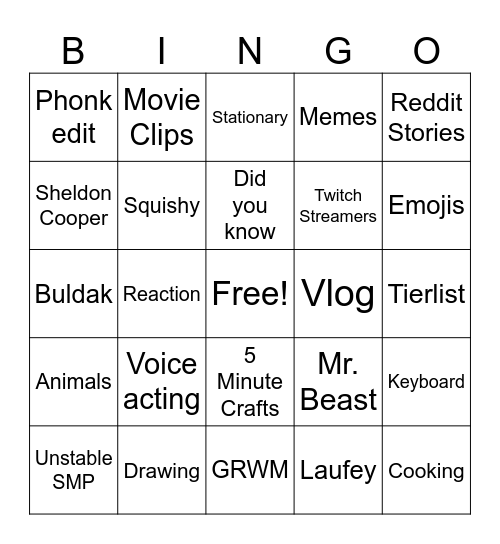 YT Shorts Bingo Card