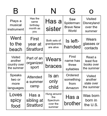Getting to Know Your Classmates Bingo Card