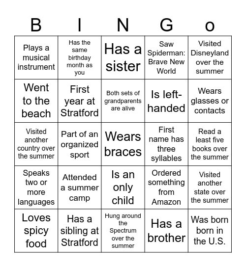 Getting to Know Your Classmates Bingo Card