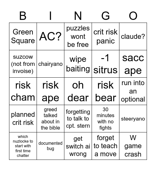 Dray Stream Bingo Card