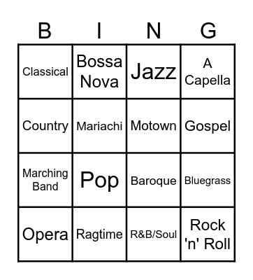 Musical Genre Bingo! Bingo Card