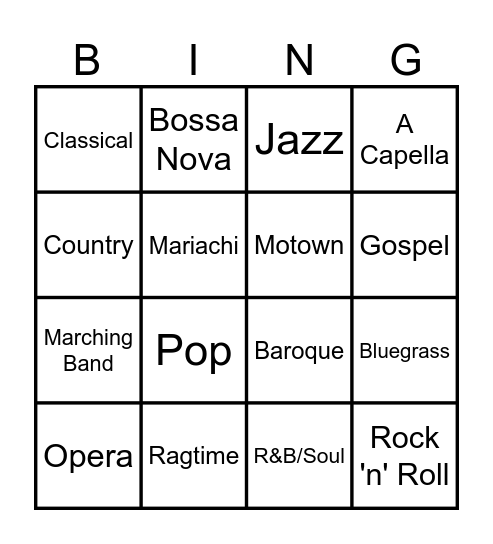 Musical Genre Bingo! Bingo Card