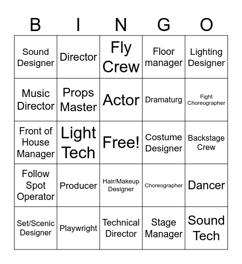 Theatre Jobs Bingo Card