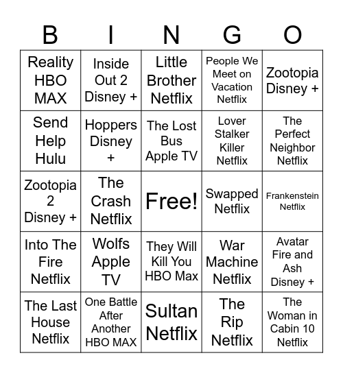 Movie Night Bingo Card