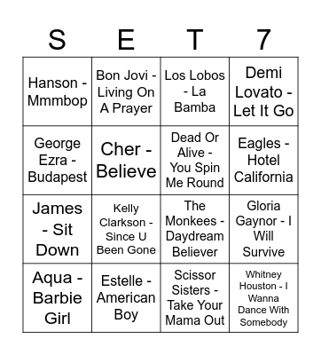 Music Bingo Short Set 7 Bingo Card