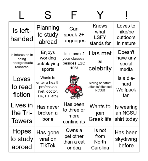 First Day of Class BINGO! Bingo Card