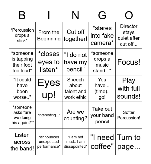 Band Bingo Friday Bingo Card