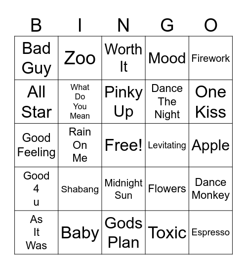Purple Playlist Bingo Card