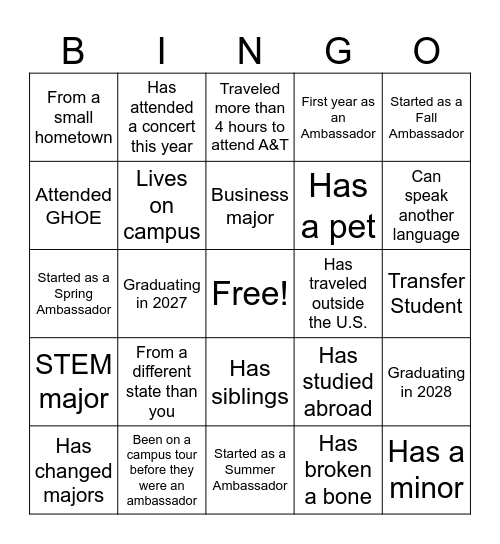 Aggie Ambassador Bingo: "Find Your Herd" Bingo Card