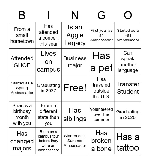 Aggie Ambassador Bingo: "Find Your Herd" Bingo Card