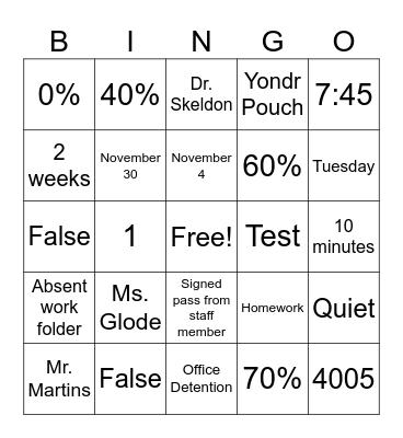 Rules/Expectations BINGO Card