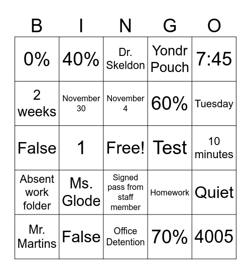 Rules/Expectations BINGO Card