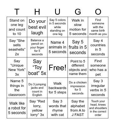 Speed Chalange Bingo Card