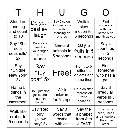 Speed Chalange Bingo Card