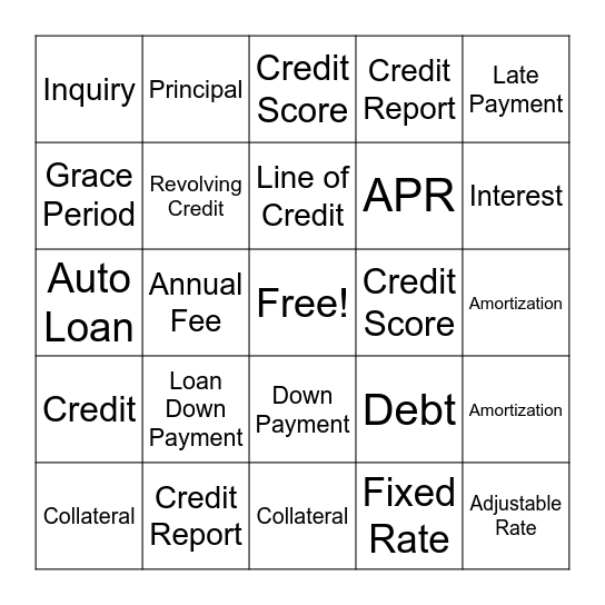 Credit Bingo Card