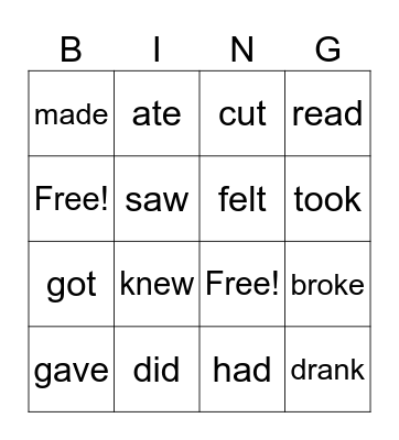 irregular verbs Bingo Card