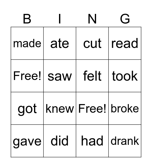 irregular verbs Bingo Card