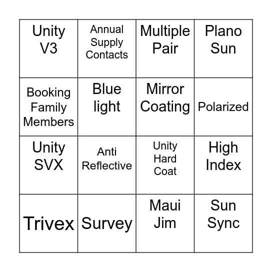 Carpenter's Vision Center Bingo Card