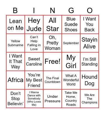 ALL TIME SONGS Bingo Card