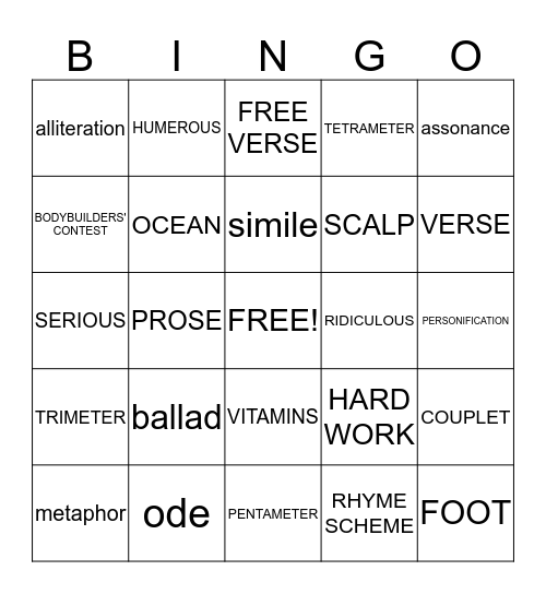 poetry Bingo Card