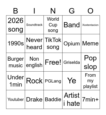 Song shuffle Bingo Card