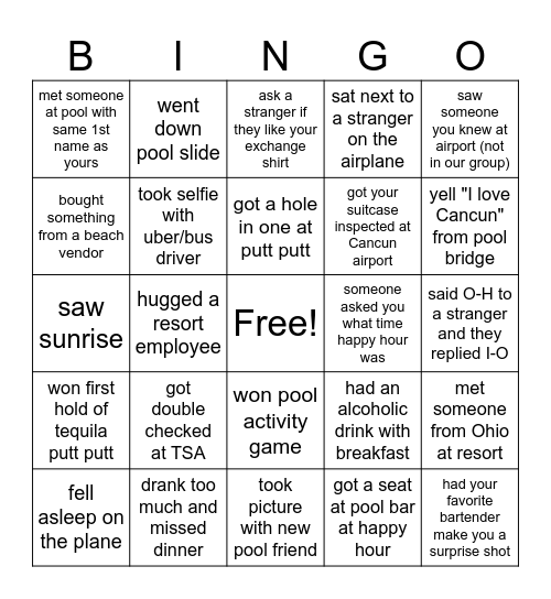 Cancun Bingo Card