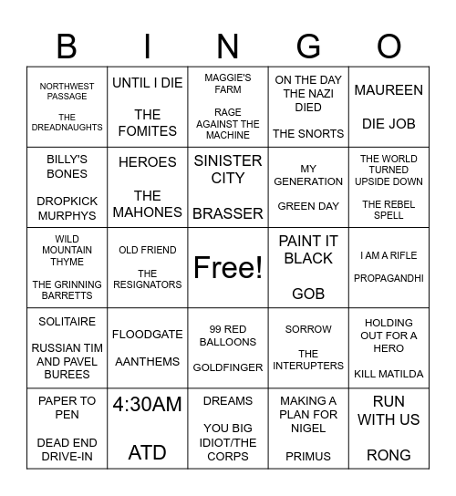 SF PUNK BINGO ROUND 1 Bingo Card