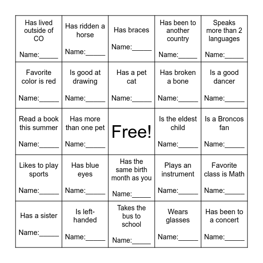Classmate Bingo! Bingo Card