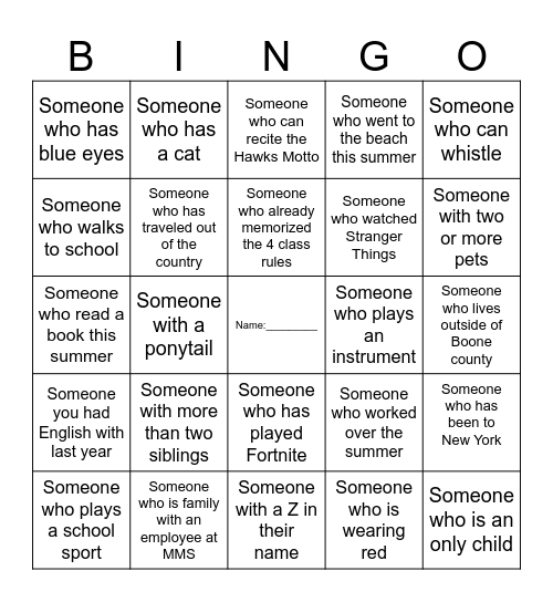 Classmate Bingo Card