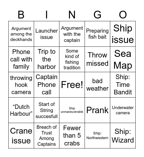 Deadliest Catch Bingo Card