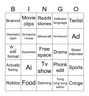 Youtube shorts bingo Card