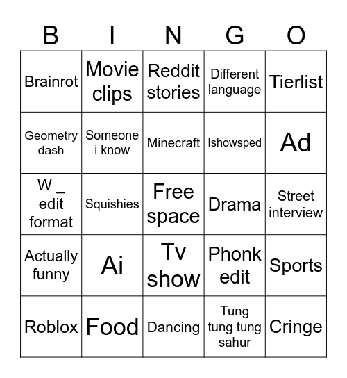 Youtube shorts bingo Card