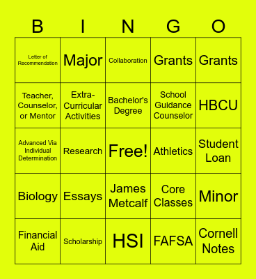 College Readiness Bingo Card