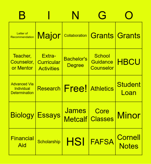 College Readiness Bingo Card