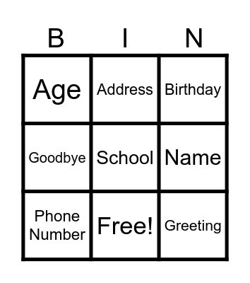 Personal Information Bingo Card