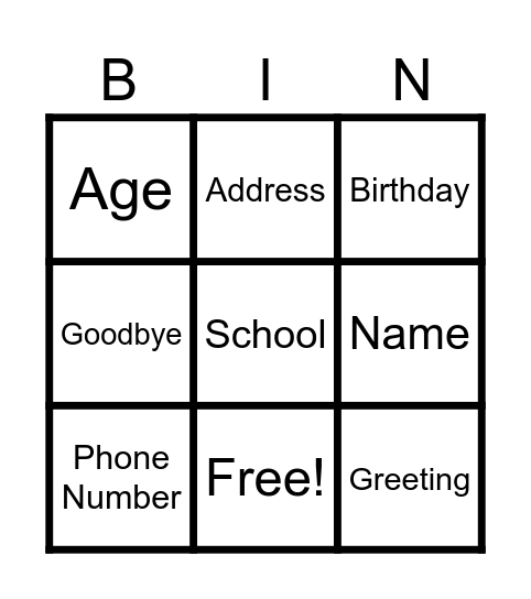 Personal Information Bingo Card