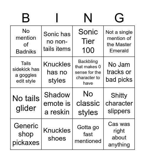 Fortnite Sonic - Bingo Card