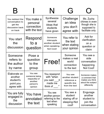 Senior Socratic Seminar Bingo Card