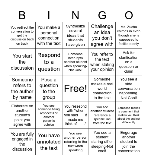 Senior Socratic Seminar Bingo Card