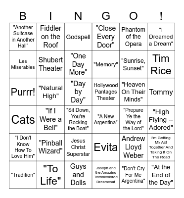 Musicals Bingo Card