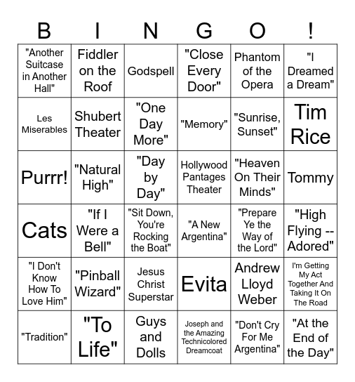Musicals Bingo Card