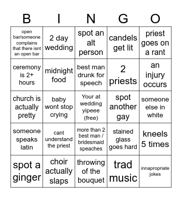 Catholic wedding Bingo Card