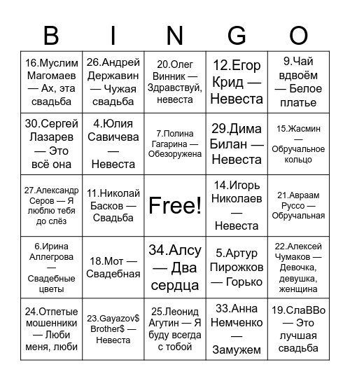 Свадьба Bingo Card