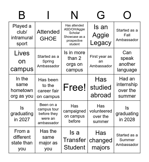 Aggie Ambassador Bingo: "Find Your Herd" Bingo Card