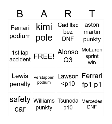 f1 Bingo Card