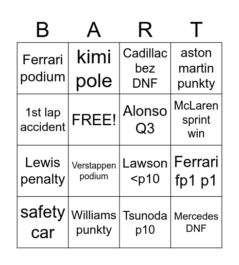 f1 Bingo Card
