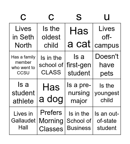 CCSU FYE BINGO Card