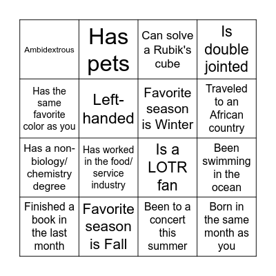 Biotechnology Bootcamp Icebreaker Bingo Card