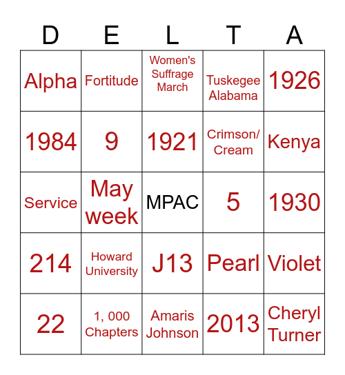 DELTA BINGO Card